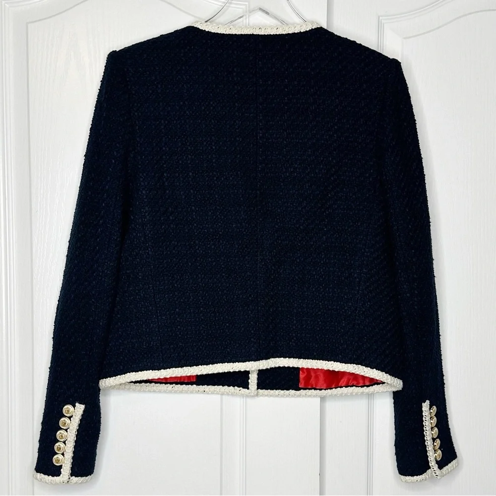 Veronica Beard Mabel Tweed Jacket Blazer Navy Ivory Trim Size 12 - Picture 6 of 16